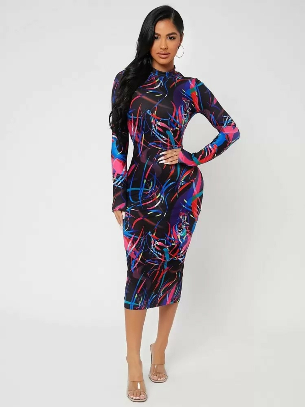 SHEIN Black Abstract Swirl Midi Dress with Pink & Blue Accents